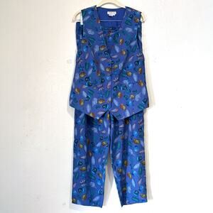 Talbots Vintage Silk Sea Shell Print Vest Pants Set Blue Sz 12